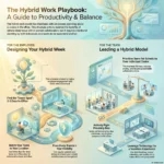 Hybrid Work Productivity Tips: Stay Effective Both In-Office and Remote Illustrated infographic titled “The Hybrid Work Playbook: A Guide to Productivity and Balance,” created for the SmartKeys.org article “Hybrid Work Productivity Tips: Stay Effective Both In-Office and Remote.” The left side shows guidance for employees on designing a hybrid week, including finding the sweet spot of two to three days in the office, matching tasks to the right location with deep focus at home, and proactively maintaining visibility through regular updates. The right side visualizes how managers can lead a hybrid model with team set schedules, actively fighting proximity bias by judging outcomes rather than presence, and leveraging technology like shared calendars, desk booking and quality video tools for a seamless experience. A central path connecting a glowing lightbulb and digital tree reinforces how intentional planning boosts productivity, fairness and work life balance in hybrid work.