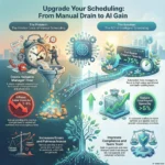 Infographic titled “Upgrade Your Scheduling: From Manual Drain to AI Gain”. The layout is split in two halves. On the left, under the heading “The Problem: The Hidden Costs of Manual Scheduling”, an oversized alarm clock spills paper schedules into a funnel while a stressed manager makes phone calls. Captions explain that manual scheduling drains valuable manager time, inflates labor costs by 3 to 6 percent through overtime and agency hires, and increases errors and fairness issues in shift assignments. On the right, under “The Solution: The ROI of Intelligent Scheduling”, icons show an AI brain, a digital roster screen, money growing in a vault, and a shield with a checkmark. Text describes how intelligent scheduling can cut roster creation time by about 75 percent, reduce total payroll spend by more than 5 percent, and improve compliance and team trust with built in guardrails and timestamped audit trails. A bridge and tree motif in the center connects the manual world on the left to an automated, data driven cityscape on the right.