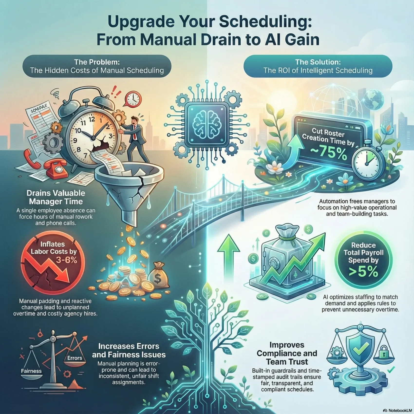 Infographic titled “Upgrade Your Scheduling: From Manual Drain to AI Gain”. The layout is split in two halves. On the left, under the heading “The Problem: The Hidden Costs of Manual Scheduling”, an oversized alarm clock spills paper schedules into a funnel while a stressed manager makes phone calls. Captions explain that manual scheduling drains valuable manager time, inflates labor costs by 3 to 6 percent through overtime and agency hires, and increases errors and fairness issues in shift assignments. On the right, under “The Solution: The ROI of Intelligent Scheduling”, icons show an AI brain, a digital roster screen, money growing in a vault, and a shield with a checkmark. Text describes how intelligent scheduling can cut roster creation time by about 75 percent, reduce total payroll spend by more than 5 percent, and improve compliance and team trust with built in guardrails and timestamped audit trails. A bridge and tree motif in the center connects the manual world on the left to an automated, data driven cityscape on the right.