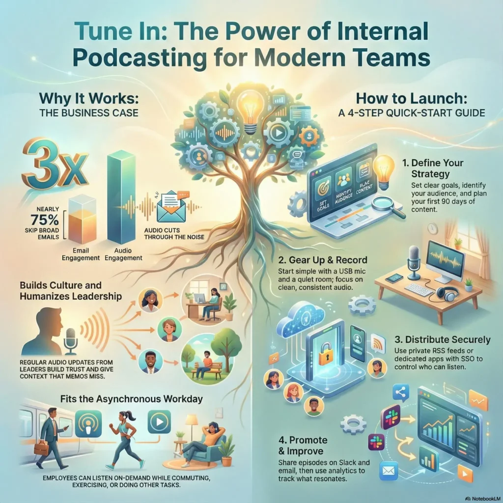 Infographic titled "Tune In: The Power of Internal Podcasting for Modern Teams" accompanying the SmartKeys guide. The visual highlights the business case for audio, noting that while nearly 75% of employees skip broad emails, audio achieves 3x higher engagement. It provides a 4-step quick-start guide covering strategy definition, recording with USB mics, secure distribution via private RSS or SSO, and promotion to track analytics.