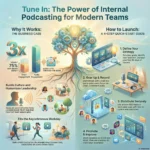 Internal Podcasting: Keeping Remote Teams Connected Through Audio Updates Infographic titled "Tune In: The Power of Internal Podcasting for Modern Teams" accompanying the SmartKeys guide. The visual highlights the business case for audio, noting that while nearly 75% of employees skip broad emails, audio achieves 3x higher engagement. It provides a 4-step quick-start guide covering strategy definition, recording with USB mics, secure distribution via private RSS or SSO, and promotion to track analytics.