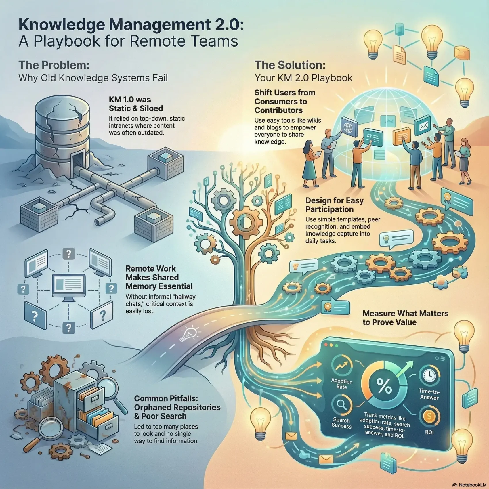 Infographic titled Knowledge Management 2.0: A Playbook for Remote Teams, illustrating the shift from static data silos to collaborative knowledge sharing and ROI measurement.