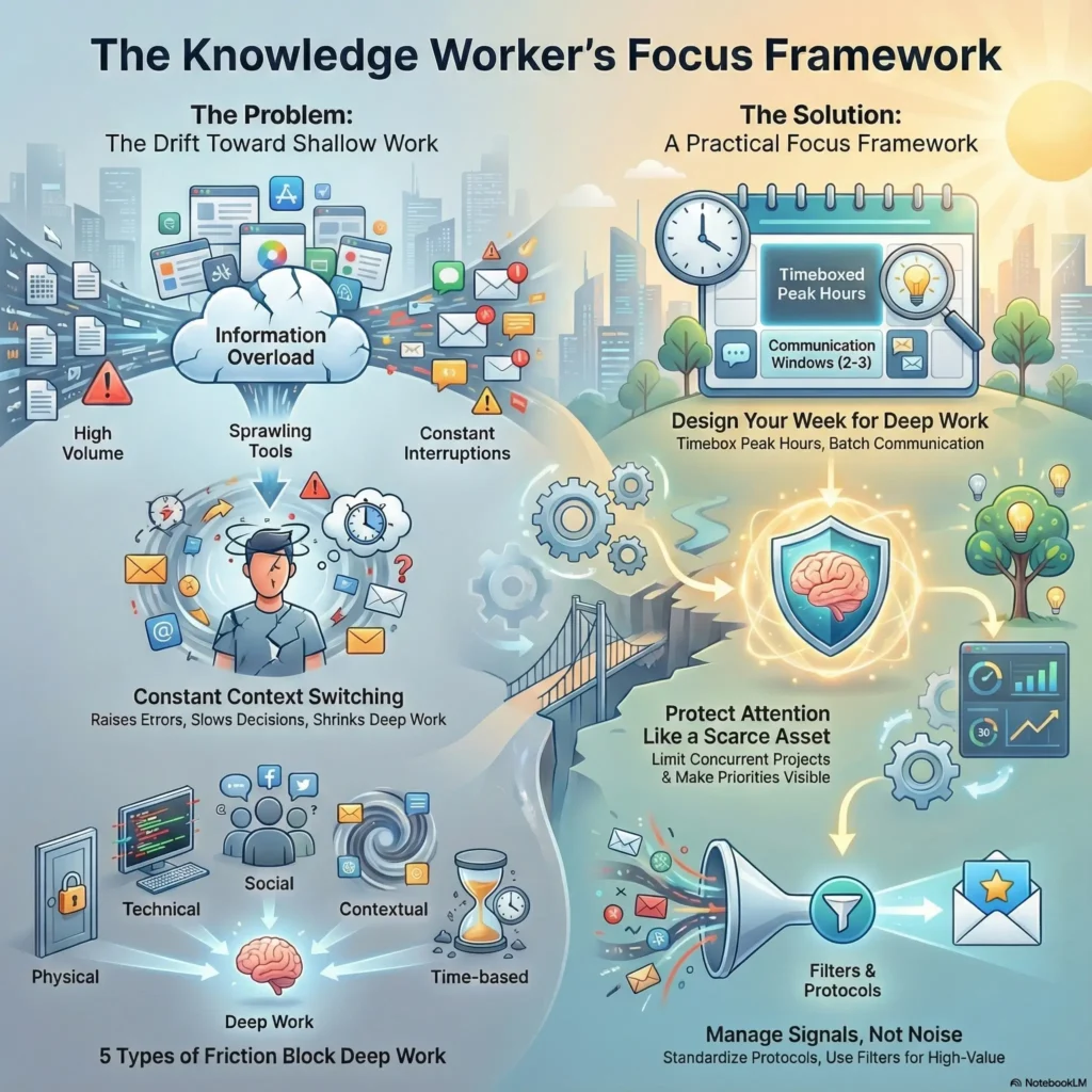 Infographic titled "The Knowledge Worker’s Focus Framework" accompanying the SmartKeys guide on managing information overload. The visual contrasts the "Drift Toward Shallow Work"—caused by constant interruptions and context switching—with a practical solution featuring timeboxed peak hours, batched communication windows, and protocols to protect attention and enable deep work.