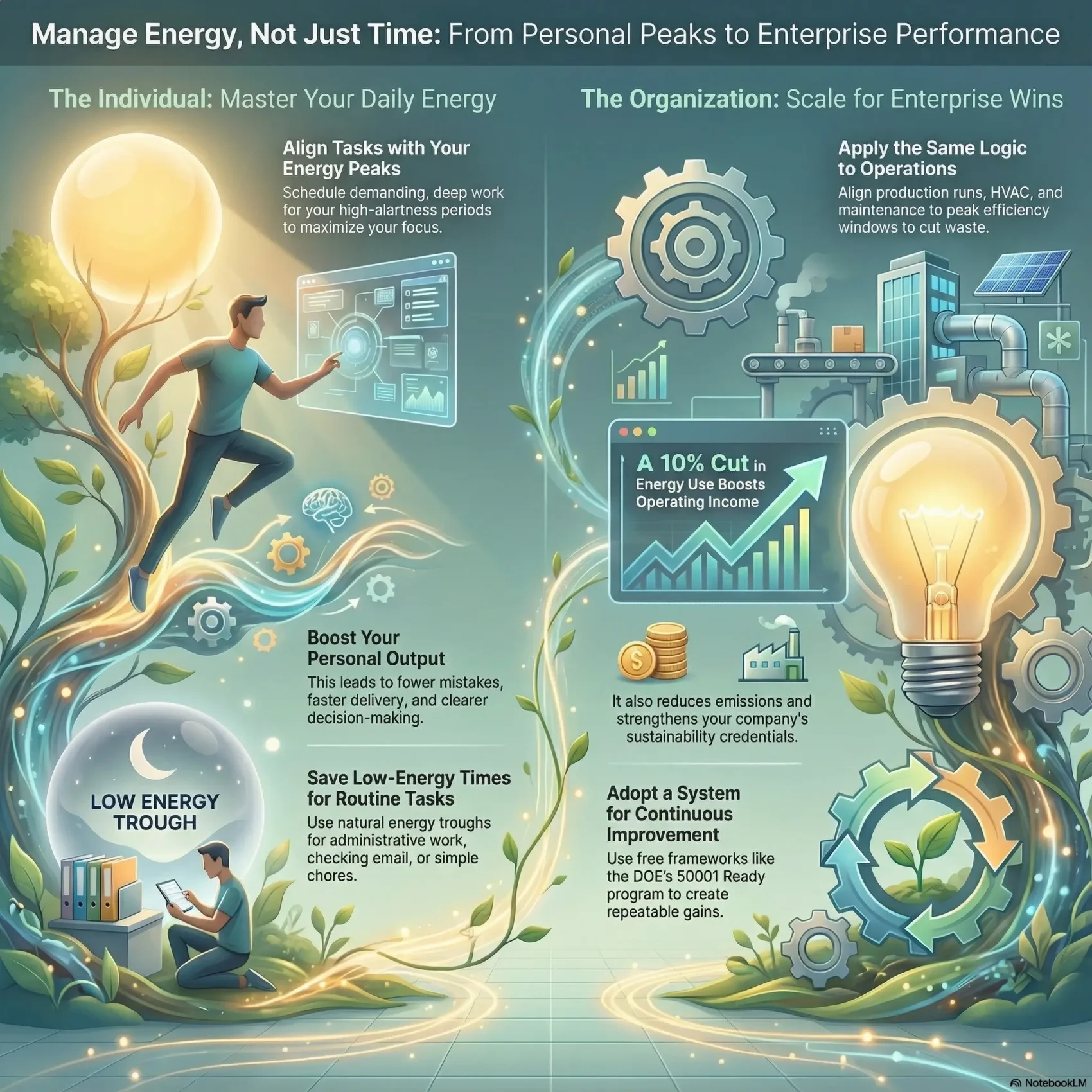 Infographic titled “Manage Energy, Not Just Time: From Personal Peaks to Enterprise Performance”. The left half, labeled “The Individual: Master Your Daily Energy”, shows a person running upward along a glowing path, surrounded by charts. Text explains how to align demanding tasks with personal energy peaks, boost personal output through fewer mistakes and better decisions, and save low-energy times for routine tasks like email and chores. A moonlit bubble labeled “Low Energy Trough” shows someone sitting with a tablet during a quieter period. The right half, labeled “The Organization: Scale for Enterprise Wins”, depicts a factory, solar panels, and a giant lightbulb connected to gears. It recommends applying the same logic to operations by aligning production runs, HVAC, and maintenance to efficiency windows. A chart highlights how a 10% cut in energy use can boost operating income and reduce emissions. The bottom right mentions adopting a system for continuous improvement using formal energy management frameworks. A flowing path of light connects the individual and organizational sections, symbolizing how personal and enterprise energy management work together.