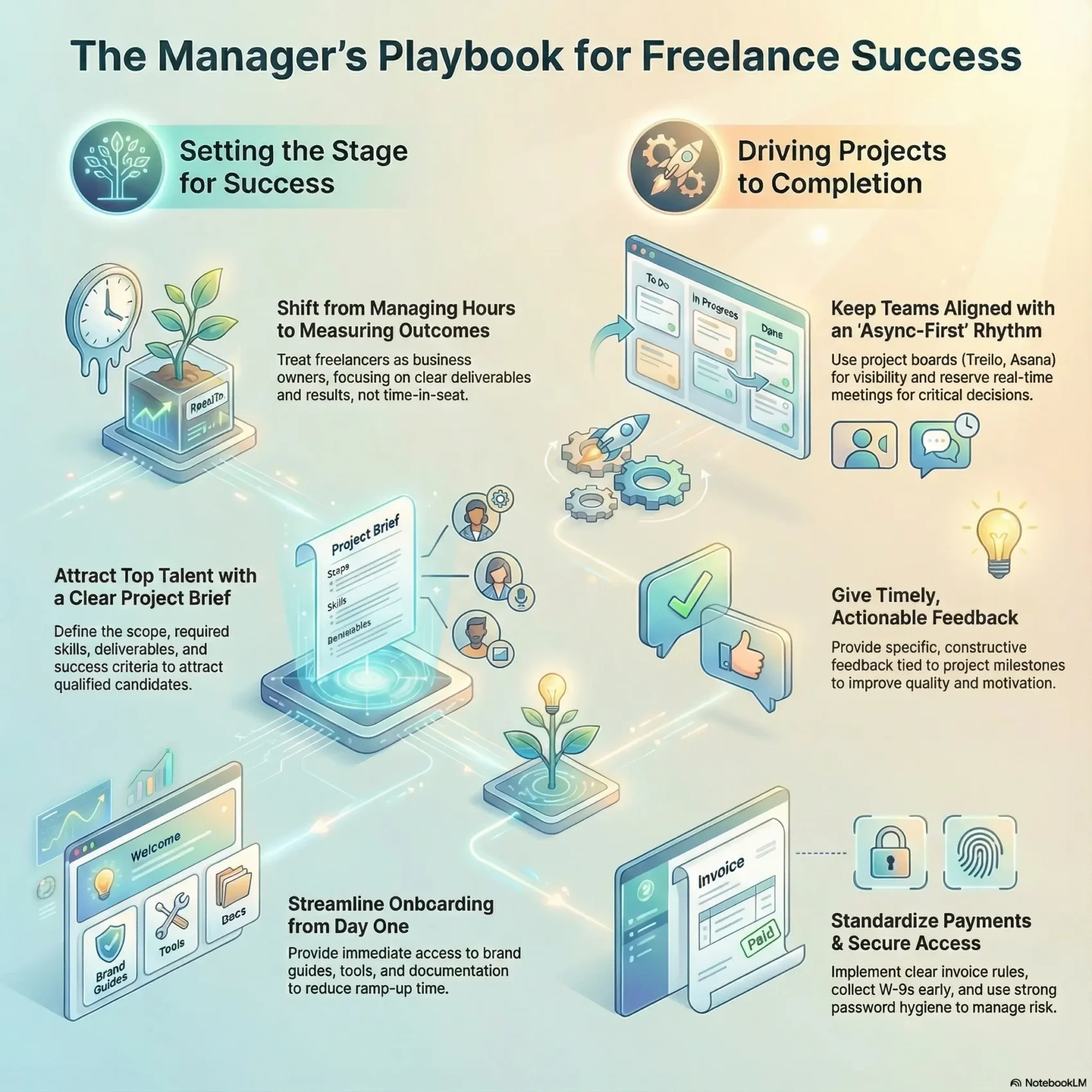 Infographic titled “The Manager’s Playbook for Freelance Success”. The layout is split into two sections: “Setting the Stage for Success” on the left and “Driving Projects to Completion” on the right. On the left, icons show a growing plant in a clock, a project brief on a glowing platform, and a welcome screen with brand guides and tools. Captions explain shifting from managing hours to measuring outcomes, attracting top talent with a clear project brief, and streamlining onboarding from day one. On the right, visuals include a digital Kanban board for tasks, chat and meeting icons, a thumbs up and checkmark bubble, and a secure invoice with a lock and fingerprint. Captions highlight keeping teams aligned with an async first rhythm, giving timely actionable feedback, and standardizing payments and secure access.