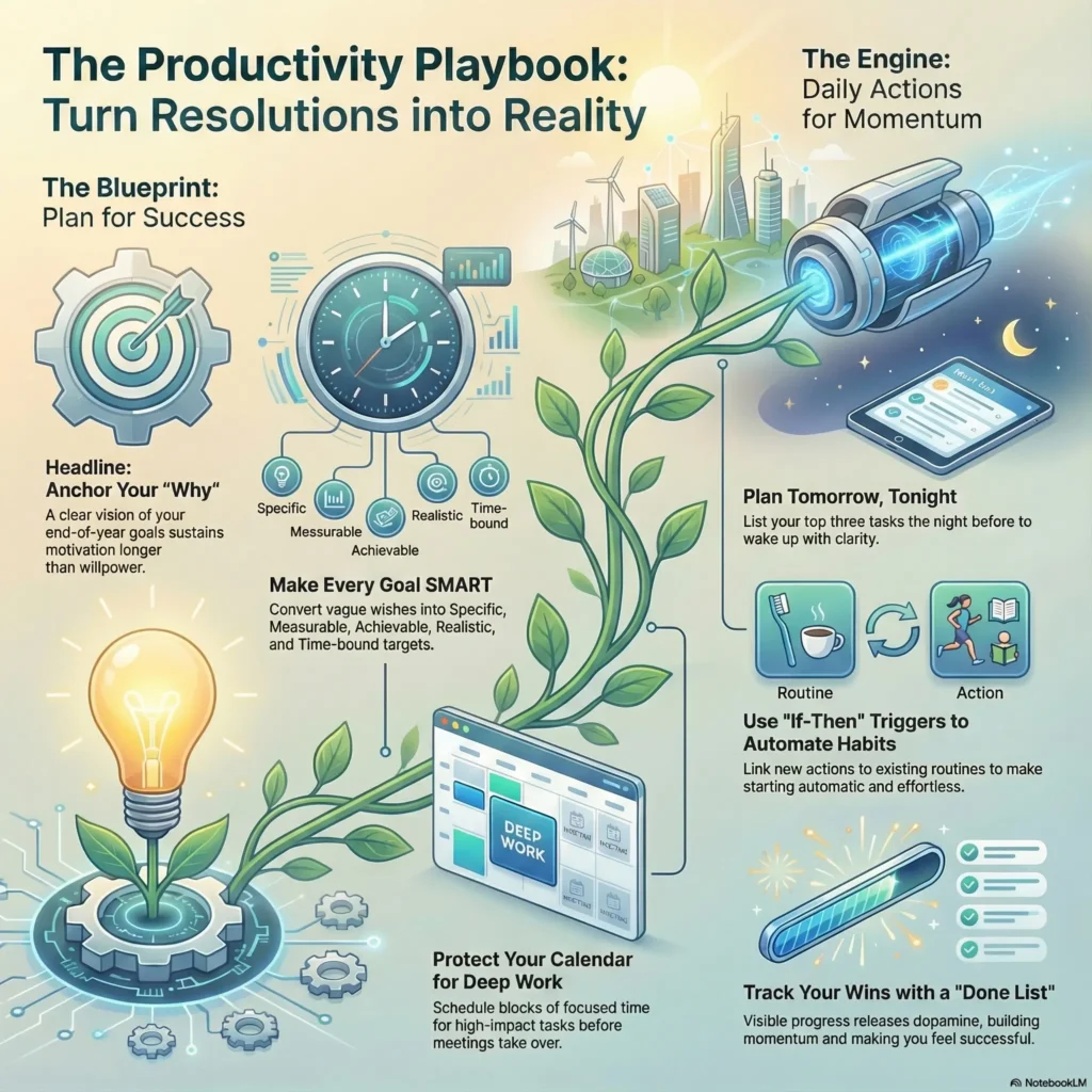 Illustrated infographic titled “The Productivity Playbook: Turn Resolutions into Reality” for the SmartKeys.org article “New Year Productivity Playbook 2026: Reset Habits and Start Strong.” The design shows a glowing lightbulb and growing vine that connects a SMART goals dashboard, a deep work calendar, and a futuristic engine symbolizing daily momentum. Key captions highlight anchoring your why, setting specific and measurable goals, protecting calendar time for deep work, planning tomorrow tonight, using if then triggers to automate habits, and tracking wins with a done list. Soft gradients, city skyline, and progress bar visuals reinforce science backed productivity systems for turning New Year resolutions into consistent action in 2026