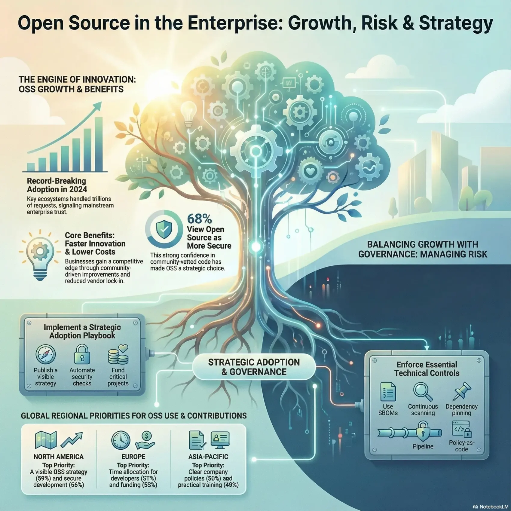 Infographic titled Open Source in the Enterprise covering growth, risk, and strategy. It illustrates the benefits of faster innovation, a strategic adoption playbook with security automation, and global priorities for governance and technical controls to manage open-source software effectively.