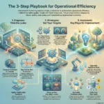 Infographic titled The 3-Step Playbook for Operational Efficiency. It outlines a framework to diagnose process leaks, strategize using SMART goals and KPIs, and implement improvements like automation and centralized communication to deliver higher quality results with fewer resources.