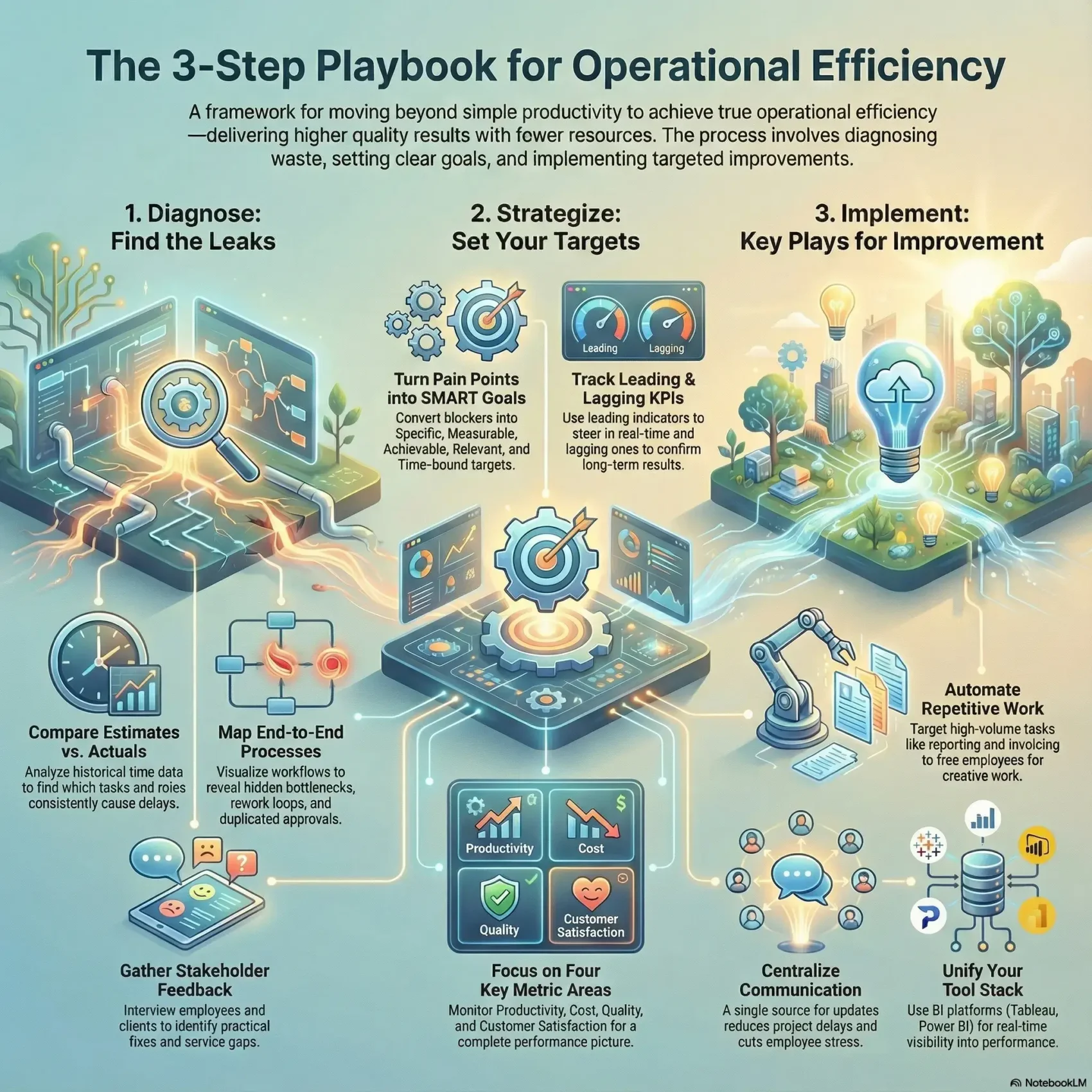 Infographic titled The 3-Step Playbook for Operational Efficiency. It outlines a framework to diagnose process leaks, strategize using SMART goals and KPIs, and implement improvements like automation and centralized communication to deliver higher quality results with fewer resources.