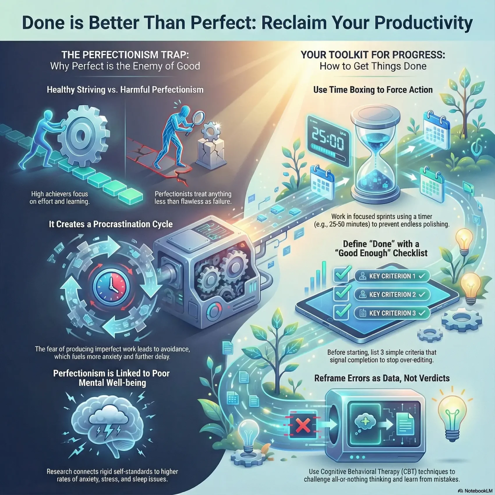 Infographic titled "Done is Better Than Perfect: Reclaim Your Productivity" accompanying the SmartKeys guide on overcoming perfectionism. The visual contrasts the "Perfectionism Trap"—highlighting the procrastination cycle and the link to poor mental well-being—with a "Toolkit for Progress". Key strategies illustrated include using time boxing (25-50 minutes) to prevent endless polishing , defining "done" with a "good enough" checklist to signal completion , and applying CBT techniques to reframe errors as data rather than verdicts.