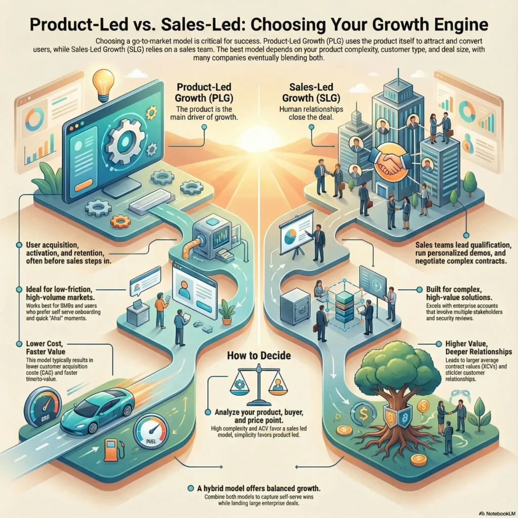 Infographic comparing Product-Led Growth (PLG) versus Sales-Led Growth (SLG) to help businesses choose the right engine. It illustrates the differences between low-friction user acquisition and relationship-driven sales for complex deals, including a decision framework based on product price and complexity.