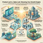 PLG vs Sales-Led Growth: Choosing the Right Go-to-Market Model Infographic comparing Product-Led Growth (PLG) versus Sales-Led Growth (SLG) to help businesses choose the right engine. It illustrates the differences between low-friction user acquisition and relationship-driven sales for complex deals, including a decision framework based on product price and complexity.