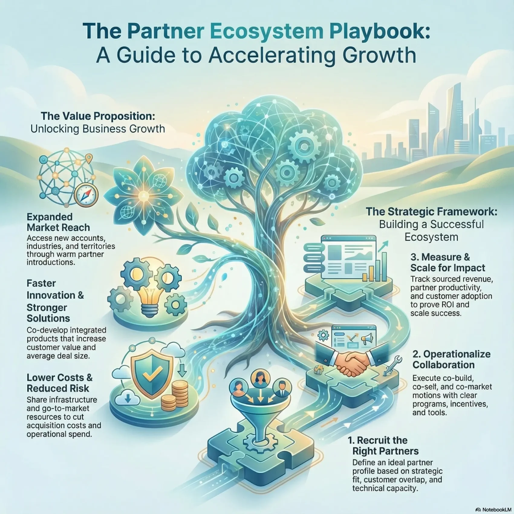 Infographic titled “The Partner Ecosystem Playbook: A Guide to Accelerating Growth”. On the left, icons and short text explain the value of a partner ecosystem, including expanded market reach, faster innovation and stronger solutions, and lower costs and reduced risk. In the center, a technology tree connects to different partner activities. On the right, three steps of a strategic framework are shown: recruit the right partners, operationalize collaboration with co build and co sell motions, and measure and scale for impact by tracking revenue, productivity, and customer adoption. A modern city skyline is in the background to suggest business growth.
