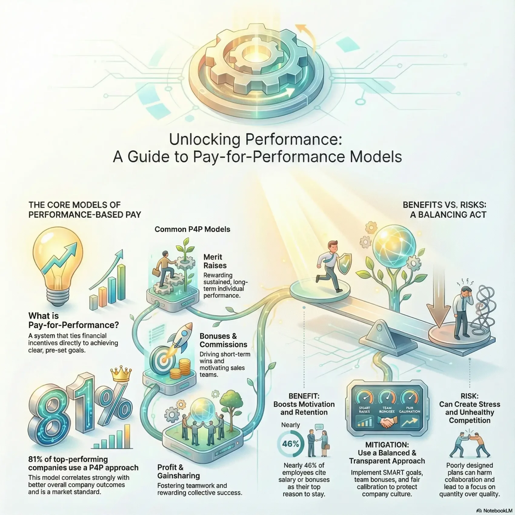 Infographic titled "Unlocking Performance: A Guide to Pay-for-Performance Models" accompanying the SmartKeys compensation guide. The visual details core P4P strategies—including merit raises, commissions, and profit-sharing—highlighting that 81% of top companies adopt these approaches. It contrasts the benefits of increased retention (cited by 46% of employees) with potential risks like workplace stress, recommending transparent implementation and SMART goals to balance the outcome.
