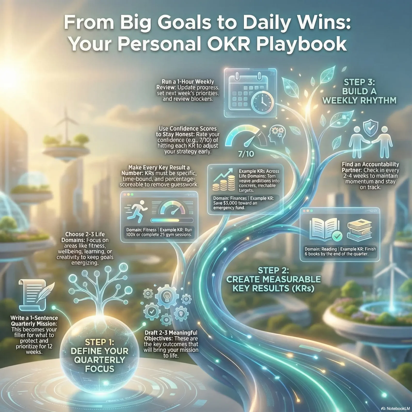 Infographic titled “From Big Goals to Daily Wins: Your Personal OKR Playbook”. The design is split into three main steps flowing up a glowing tree. Step 1: Define Your Quarterly Focus (bottom left). A glowing orb shows text encouraging you to write a one-sentence quarterly mission. Nearby icons show choosing 2–3 life domains (like fitness, finances, reading), and drafting 2–3 meaningful objectives that will guide the next 12 weeks. Step 2: Create Measurable Key Results (KRs) (center). Boxes give examples of numeric KRs: run 100 km or complete 25 gym sessions (fitness), save $3,000 toward an emergency fund (finances), finish 6 books (reading). A note says every KR should be specific, time-bound, and percentage-scoreable. Step 3: Build a Weekly Rhythm (top right). Icons show a calendar and clipboard. Text suggests running a 1-hour weekly review to update progress and set priorities, using confidence scores (e.g. 7/10) to judge the likelihood of hitting each KR, and finding an accountability partner to check in every 2–4 weeks. The whole graphic is set in a futuristic city with paths of light connecting goals, numbers, and weekly routines, symbolizing big goals turning into daily actions.