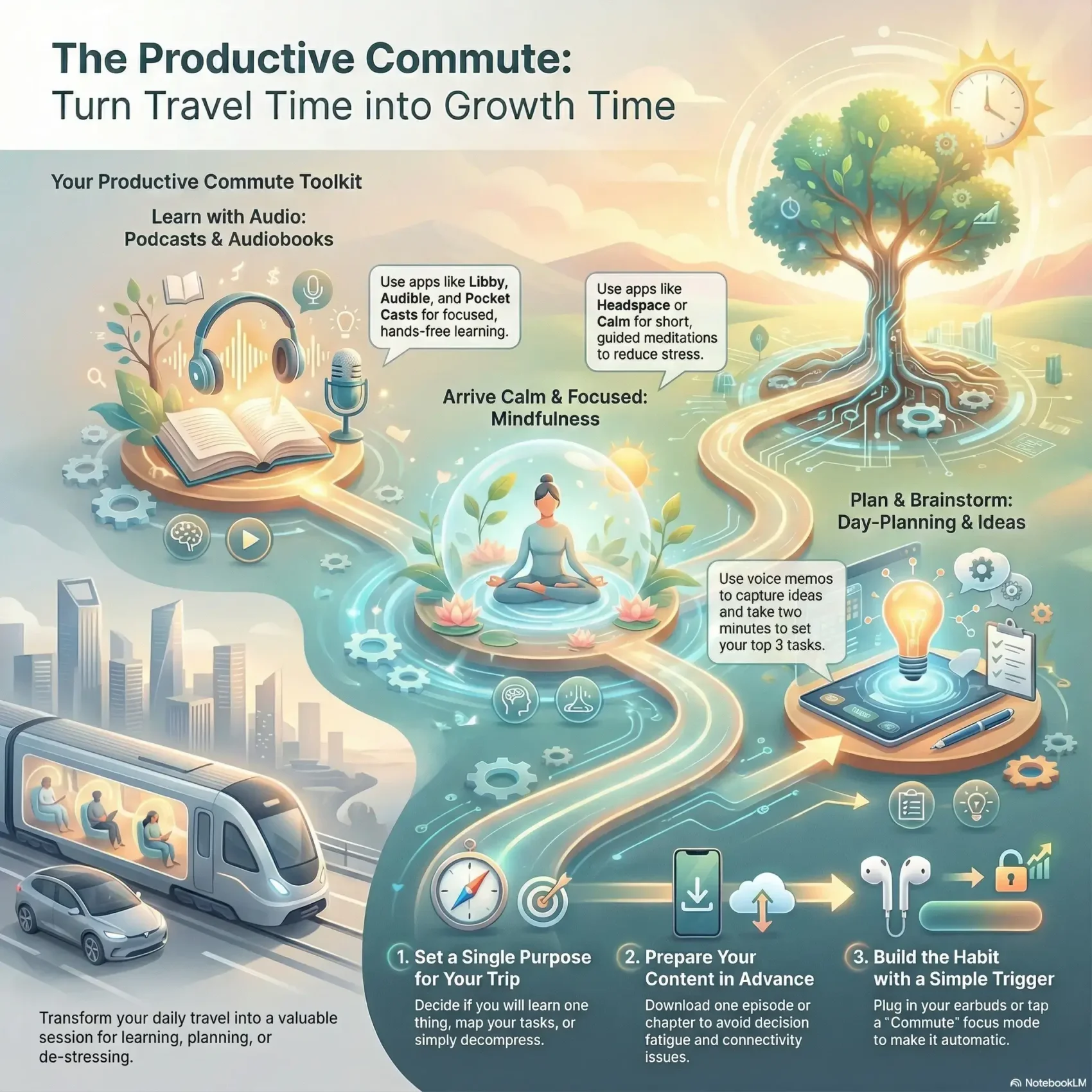Infographic titled The Productive Commute showcasing a toolkit to turn travel time into personal growth time. It visualizes strategies like learning with audiobooks, practicing mindfulness with apps, and planning daily tasks to transform commutes into valuable sessions for learning and de-stressing.