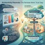 Infographic titled “Productivity Paranoia: The Remote Work Trust Gap”. On the left side, under “The Problem: A Crisis of Confidence”, a large monitor shows a split scene. One side has a worried manager and a bar chart stating that 85 percent of leaders lack confidence in hybrid team productivity. The other side shows a relaxed remote worker and a bar stating that 87 percent of employees report they are productive. Below, a small panel explains that this happens because managers rely on “facetime” and proximity bias, mistaking visibility for effort. The right side, under “The Solution: From Fear to Trust”, is built around a large tree with icons on its branches. One branch says “Shift from monitoring activity to measuring impact” and shows SMART goals on a screen. Another branch says “Use the right space for the right work” with two scenes: a lively office for collaboration and a quiet home office for deep work. At the base of the tree, a section labeled “Build trust as an infrastructure” recommends transparent goals and reliable feedback loops to support fair evaluation. A glowing lightbulb in the center connects the problem and solution, symbolizing a mindset shift from fear to trust in remote work.