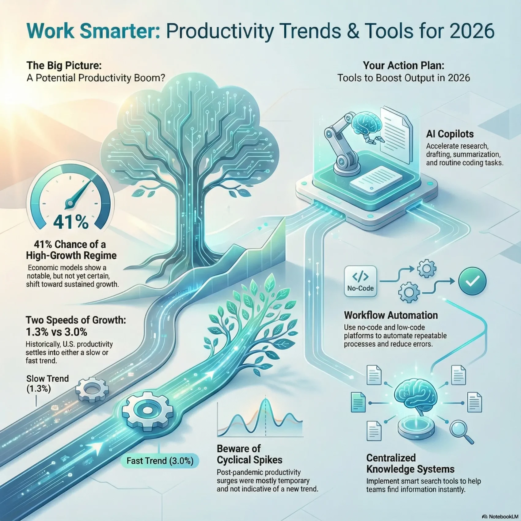 Infographic titled 'Work Smarter: Productivity Trends & Tools for 2026' analyzing the potential for a high-growth regime with a 41% probability. It visualizes the divergence between slow (1.3%) and fast (3.0%) growth trends and outlines an action plan using AI Copilots, no-code automation, and centralized knowledge systems to boost output.