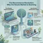 Recommerce Trend: How Resale Marketplaces Are Changing Retail Infographic titled 'The Recommerce Revolution: Why the Resale Market is Booming' visualizing a £165B+ global market. It highlights that 86% of consumers bought or sold pre-loved goods, with the U.S. leading at $52B. Key drivers include financial savings (62%) and sustainability (92%), with fashion and tech as top categories.
