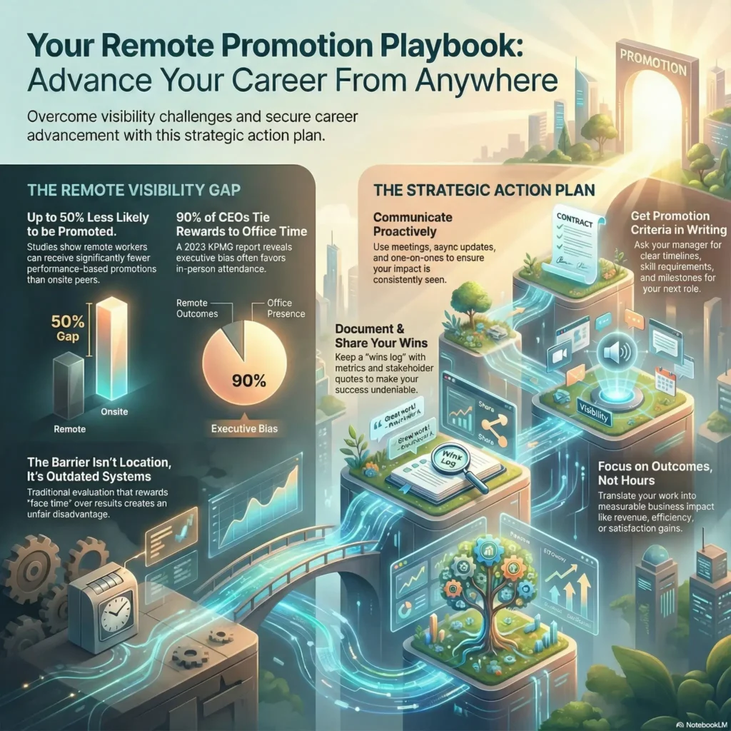 Infographic titled Your Remote Promotion Playbook outlining strategies to advance your career from anywhere. It highlights the remote visibility gap and offers a strategic action plan involving proactive communication, documenting wins, and focusing on measurable outcomes to overcome proximity bias.