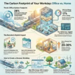 Remote Work Carbon Impact: Are Virtual Offices Truly Greener? Infographic titled 'The Carbon Footprint of Your Workday: Office vs. Home' analyzing the environmental impact of remote work. It visualizes data showing a 54% emissions cut for full-time remote employees and a 29% reduction for hybrid schedules, compared to the high carbon cost of commuting and office energy use.