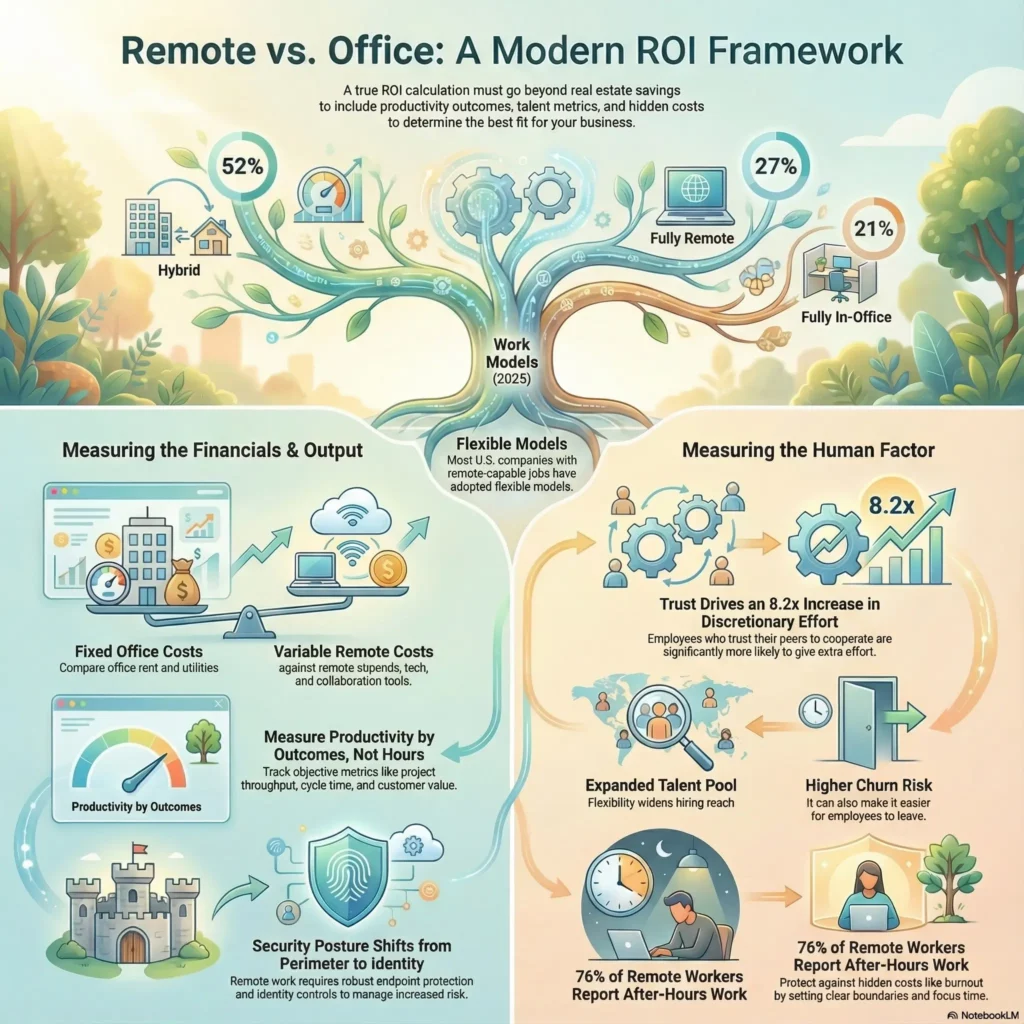Illustrated infographic titled "Remote vs. Office: A Modern ROI Framework" for the SmartKeys.org article "Remote vs. Office ROI: Analyzing Cost and Productivity Trade Offs." At the top a tree splits into three branches that show 2025 work models with 52 percent hybrid, 27 percent fully remote, and 21 percent fully in office, framed as flexible models. The left half visualizes financial and output metrics such as fixed office costs, variable remote costs, productivity measured by outcomes not hours, and a shift from perimeter security to identity centered protection. The right half emphasizes the human factor, including how trust drives an 8.2 times increase in discretionary effort, an expanded talent pool, higher churn risk, and the finding that 76 percent of remote workers report after hours work. A central road connects both sides to show how leaders must balance cost, productivity, and employee wellbeing when selecting the best workplace model.