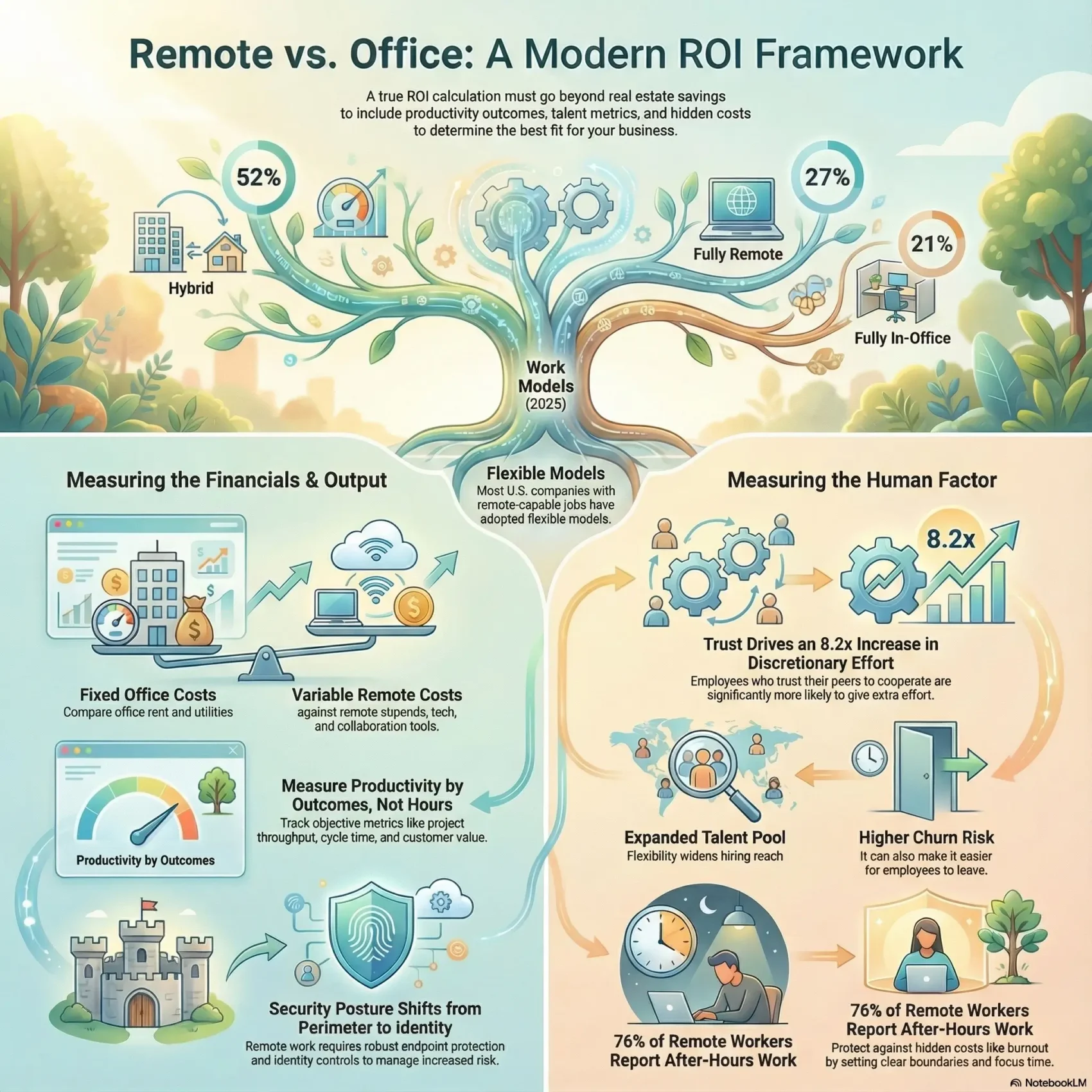 Illustrated infographic titled "Remote vs. Office: A Modern ROI Framework" for the SmartKeys.org article "Remote vs. Office ROI: Analyzing Cost and Productivity Trade Offs." At the top a tree splits into three branches that show 2025 work models with 52 percent hybrid, 27 percent fully remote, and 21 percent fully in office, framed as flexible models. The left half visualizes financial and output metrics such as fixed office costs, variable remote costs, productivity measured by outcomes not hours, and a shift from perimeter security to identity centered protection. The right half emphasizes the human factor, including how trust drives an 8.2 times increase in discretionary effort, an expanded talent pool, higher churn risk, and the finding that 76 percent of remote workers report after hours work. A central road connects both sides to show how leaders must balance cost, productivity, and employee wellbeing when selecting the best workplace model.