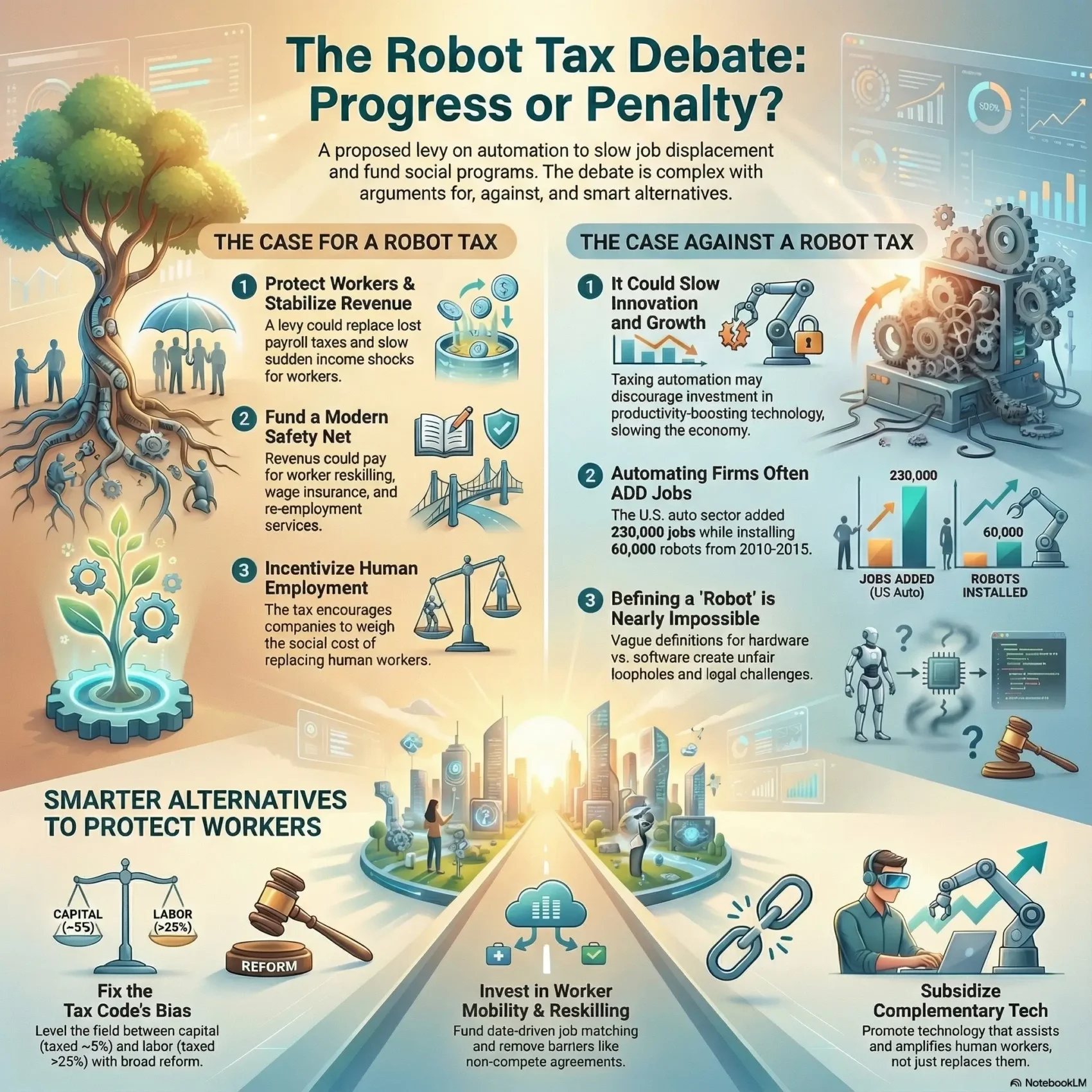 Infographic titled “The Robot Tax Debate: Progress or Penalty?” created for the SmartKeys.org article “Robot Tax Debate: Could Taxing Automation Protect Human Jobs?,” summarizing how a proposed levy on automation could affect workers and the future of work. The left side presents the case for a robot tax, including protecting workers from job displacement, funding a modern safety net and incentivizing human employment. The right side shows the case against a robot tax, highlighting risks to innovation and growth, evidence that automating firms often add jobs, and the challenge of defining what counts as a robot. Along the bottom, the infographic outlines smarter alternatives such as fixing the capital labor tax bias, investing in worker mobility and reskilling, and subsidizing complementary technologies that assist rather than replace humans. Futuristic cityscapes, robots, factories and workers visually reinforce the tension between automation, productivity and human job protection.