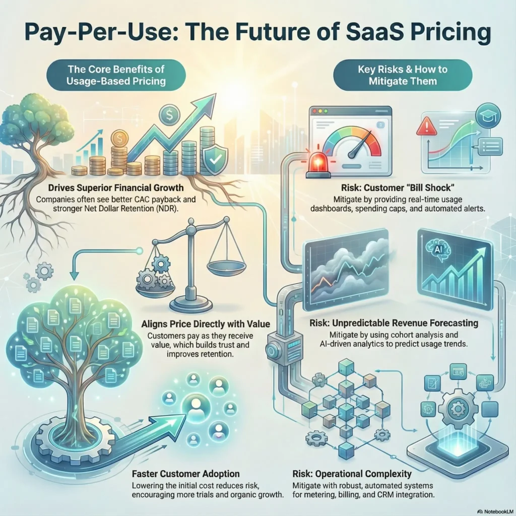 Infographic titled “Pay Per Use: The Future of SaaS Pricing”. The layout is split into two sections. On the left, under the heading “The Core Benefits of Usage Based Pricing”, illustrations show stacks of coins with rising arrows, a tree growing from a gear, and a scale. Captions explain that usage based pricing drives superior financial growth with better CAC payback and Net Dollar Retention, aligns price directly with value so customers pay as they receive value, and supports faster customer adoption by lowering initial costs. On the right, under “Key Risks and How to Mitigate Them”, icons show a warning gauge on a dashboard, a chart with volatile revenue lines, and a complex cube based system. Captions describe three risks and mitigations: customer bill shock solved by real time usage dashboards, spending caps and alerts, unpredictable revenue forecasting addressed with cohort analysis and AI driven analytics, and operational complexity mitigated with automated systems for metering, billing, and CRM integration.