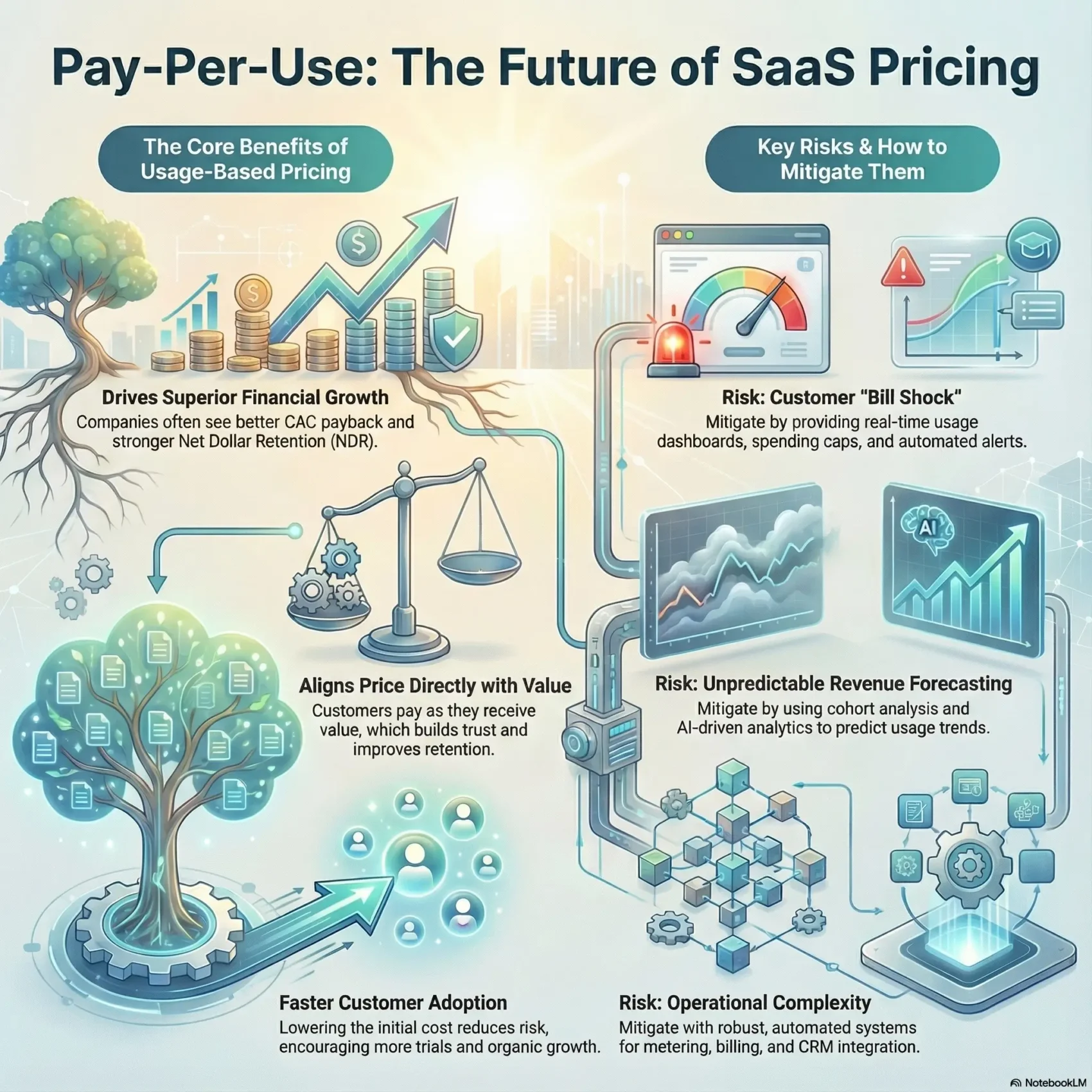 Infographic titled “Pay Per Use: The Future of SaaS Pricing”. The layout is split into two sections. On the left, under the heading “The Core Benefits of Usage Based Pricing”, illustrations show stacks of coins with rising arrows, a tree growing from a gear, and a scale. Captions explain that usage based pricing drives superior financial growth with better CAC payback and Net Dollar Retention, aligns price directly with value so customers pay as they receive value, and supports faster customer adoption by lowering initial costs. On the right, under “Key Risks and How to Mitigate Them”, icons show a warning gauge on a dashboard, a chart with volatile revenue lines, and a complex cube based system. Captions describe three risks and mitigations: customer bill shock solved by real time usage dashboards, spending caps and alerts, unpredictable revenue forecasting addressed with cohort analysis and AI driven analytics, and operational complexity mitigated with automated systems for metering, billing, and CRM integration.
