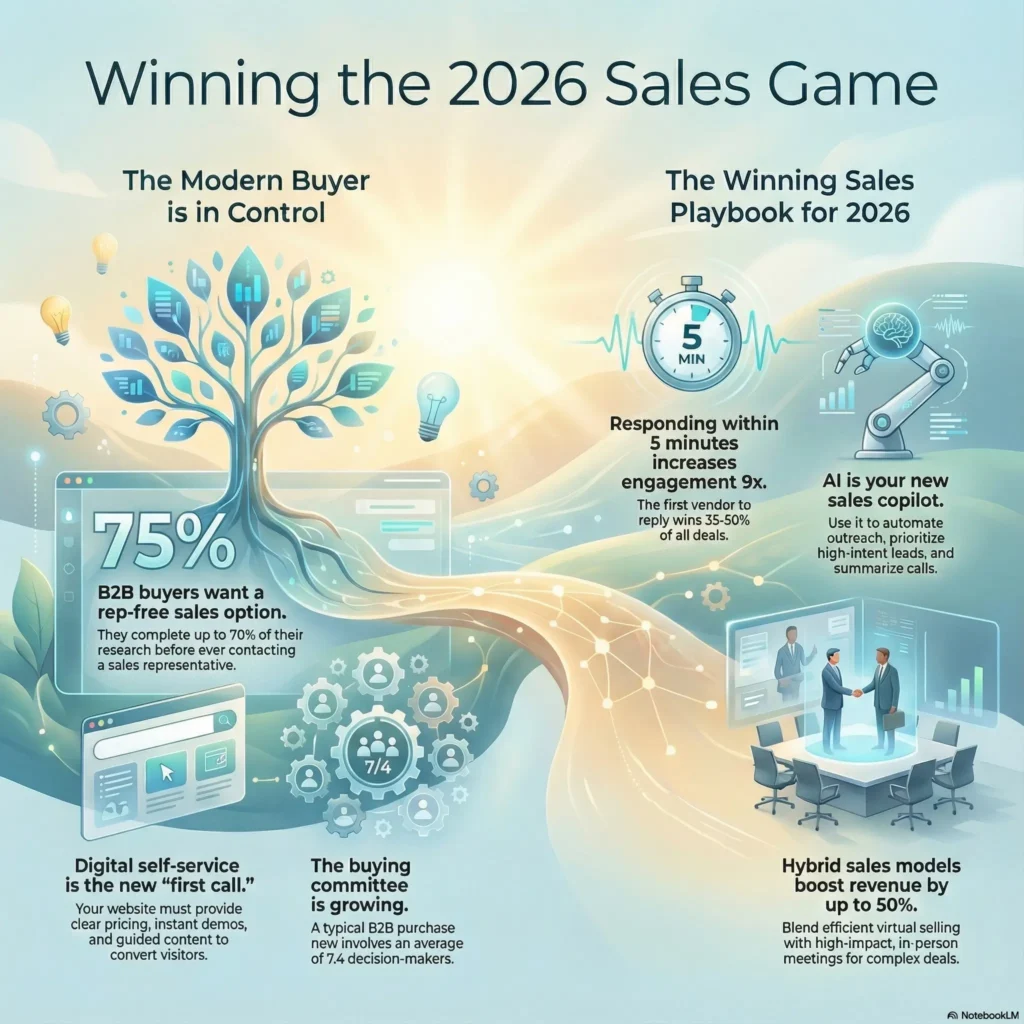 Infographic titled “Winning the 2026 Sales Game” created for the article “Sales Trends 2026: AI, Automation, and a Consultative Approach” and visualizing key sales trends in a buyer-led, AI-powered B2B market. The left side shows a digital tree and browser windows highlighting that 75% of B2B buyers want a rep-free sales option, rely on digital self-service as the first call, and involve an average of 7.4 decision-makers. The right side presents the winning sales playbook for 2026 with icons for a stopwatch, robot arm, and hybrid meeting room to emphasize five-minute response times, AI as a sales copilot, and hybrid sales models that can boost revenue by up to 50%
