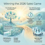 Sales Trends 2026: AI, Automation, and a Consultative Approach Infographic titled “Winning the 2026 Sales Game” created for the article “Sales Trends 2026: AI, Automation, and a Consultative Approach” and visualizing key sales trends in a buyer-led, AI-powered B2B market. The left side shows a digital tree and browser windows highlighting that 75% of B2B buyers want a rep-free sales option, rely on digital self-service as the first call, and involve an average of 7.4 decision-makers. The right side presents the winning sales playbook for 2026 with icons for a stopwatch, robot arm, and hybrid meeting room to emphasize five-minute response times, AI as a sales copilot, and hybrid sales models that can boost revenue by up to 50%