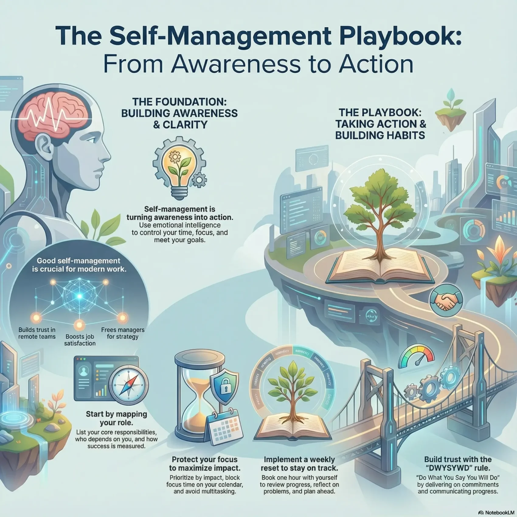 Infographic titled “The Self-Management Playbook: From Awareness to Action”. On the left, under “The foundation: building awareness & clarity”, a human head with a glowing brain is shown next to text explaining that self-management means turning awareness into action using emotional intelligence to control time, focus, and goals. A circle graphic highlights why self-management is crucial for modern work: it builds trust in remote teams, boosts job satisfaction, and frees managers to focus on strategy. Below, icons show steps to “Start by mapping your role” and “Protect your focus to maximize impact” by listing responsibilities, blocking focus time, and avoiding multitasking. On the right, under “The playbook: taking action & building habits”, a tree growing from an open book represents ongoing growth. Further down, graphics illustrate “Implement a weekly reset to stay on track” by booking an hour to review and plan, and “Build trust with the DWYSYWD rule” (Do What You Say You Will Do) by honoring commitments and communicating progress. A bridge connects the awareness side to the action side, symbolizing the journey from understanding to consistent habits.