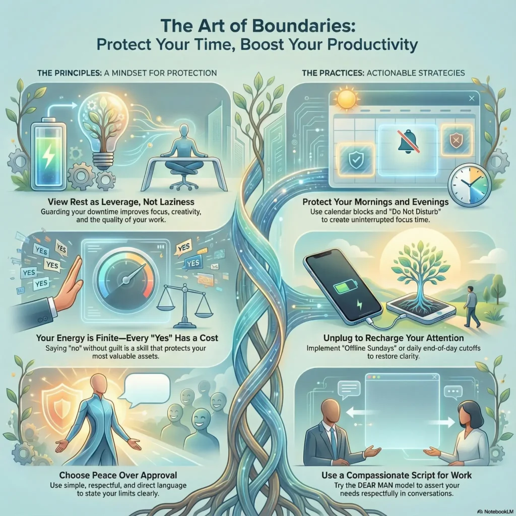 Infographic titled The Art of Boundaries, detailing mindset principles and actionable practices to protect personal time and boost work productivity.