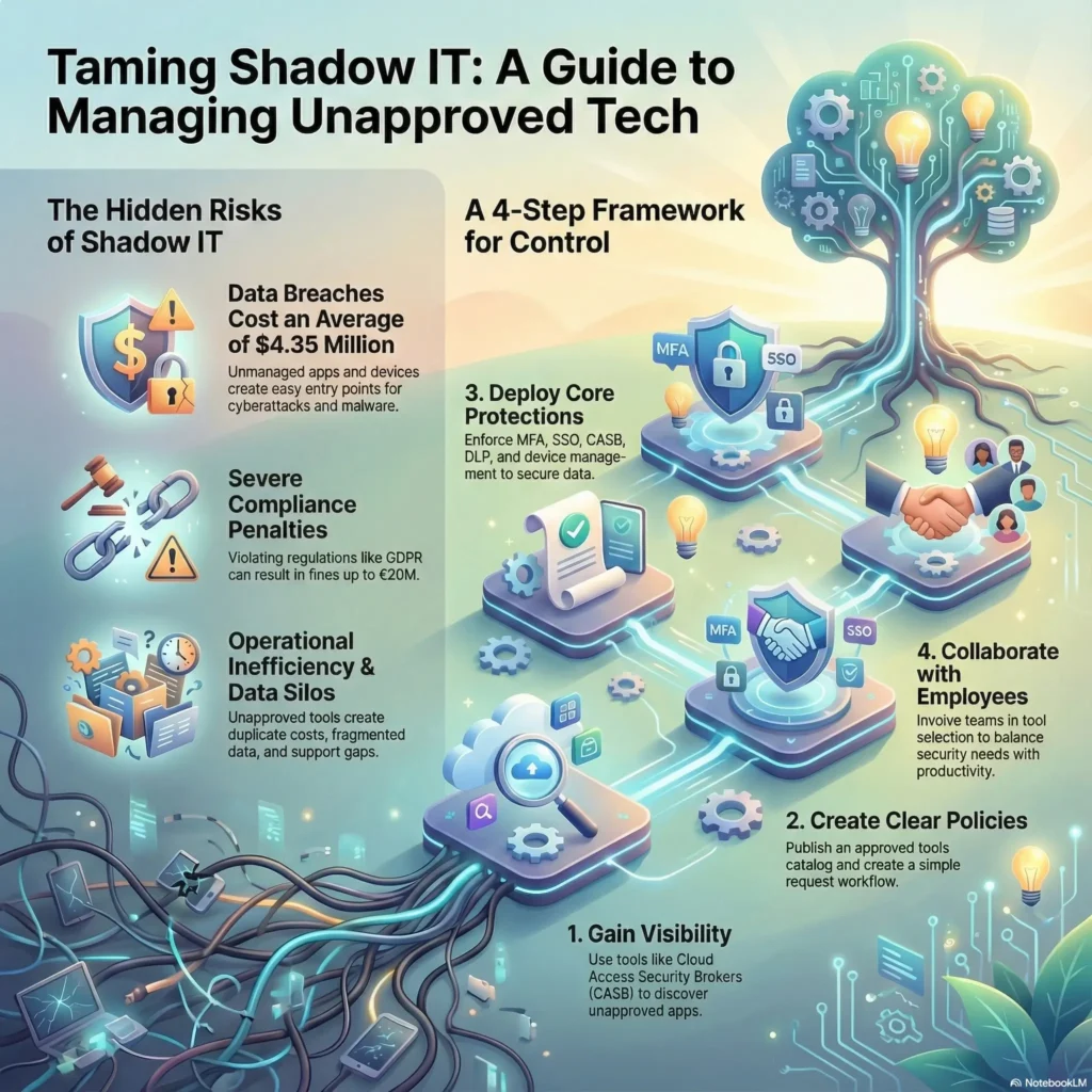 Infographic titled 'Taming Shadow IT: A Guide to Managing Unapproved Tech' highlighting risks like data breaches costing an average of $4.35 million. It illustrates a 4-step framework for remote work security: gaining visibility, creating clear policies, deploying core protections like MFA and SSO, and collaborating with employees to manage unapproved tools.