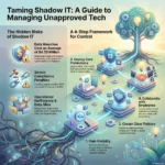 Shadow IT in Remote Work: Managing Unapproved Tools and Risks Infographic titled 'Taming Shadow IT: A Guide to Managing Unapproved Tech' highlighting risks like data breaches costing an average of $4.35 million. It illustrates a 4-step framework for remote work security: gaining visibility, creating clear policies, deploying core protections like MFA and SSO, and collaborating with employees to manage unapproved tools.
