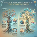 Infographic titled "Unlock Peak Performance: The Power of Sleep" accompanying the SmartKeys guide on sleep and productivity. The visual contrasts the high cost of fatigue—citing a $2,000 annual loss per employee—with a blueprint for success. Key strategies outlined include aiming for a baseline of 7+ hours of sleep, utilizing 15-30 minute power naps, and establishing a consistent wind-down routine to boost focus and reduce workplace errors