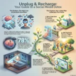 Social Media Detox: Reclaim Hours of Focus Each Week by Limiting Distractions Infographic titled 'Unplug & Recharge: Your Guide to a Social Media Detox' showing that 78% of studies link heavy use to mental health issues. It outlines a 4-step plan to reclaim focus: set a timeline, remove triggers like push notifications, replace scrolling with offline activities, and build sustainable long-term habits.