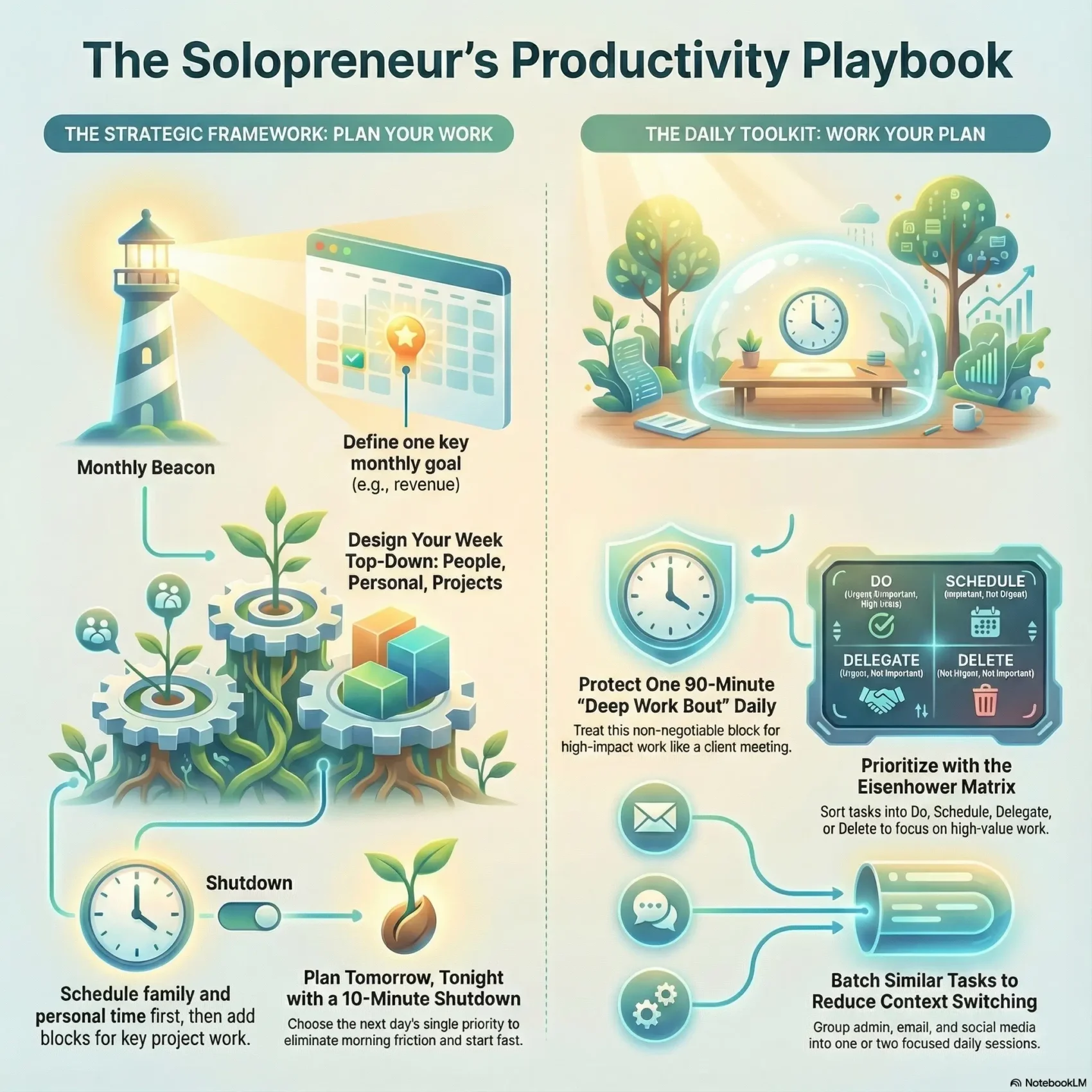 Infographic titled “The Partner Ecosystem Playbook: A Guide to Accelerating Growth”. On the left, icons and short text explain the value of a partner ecosystem, including expanded market reach, faster innovation and stronger solutions, and lower costs and reduced risk. In the center, a technology tree connects to different partner activities. On the right, three steps of a strategic framework are shown: recruit the right partners, operationalize collaboration with co build and co sell motions, and measure and scale for impact by tracking revenue, productivity, and customer adoption. A modern city skyline is in the background to suggest business growth.