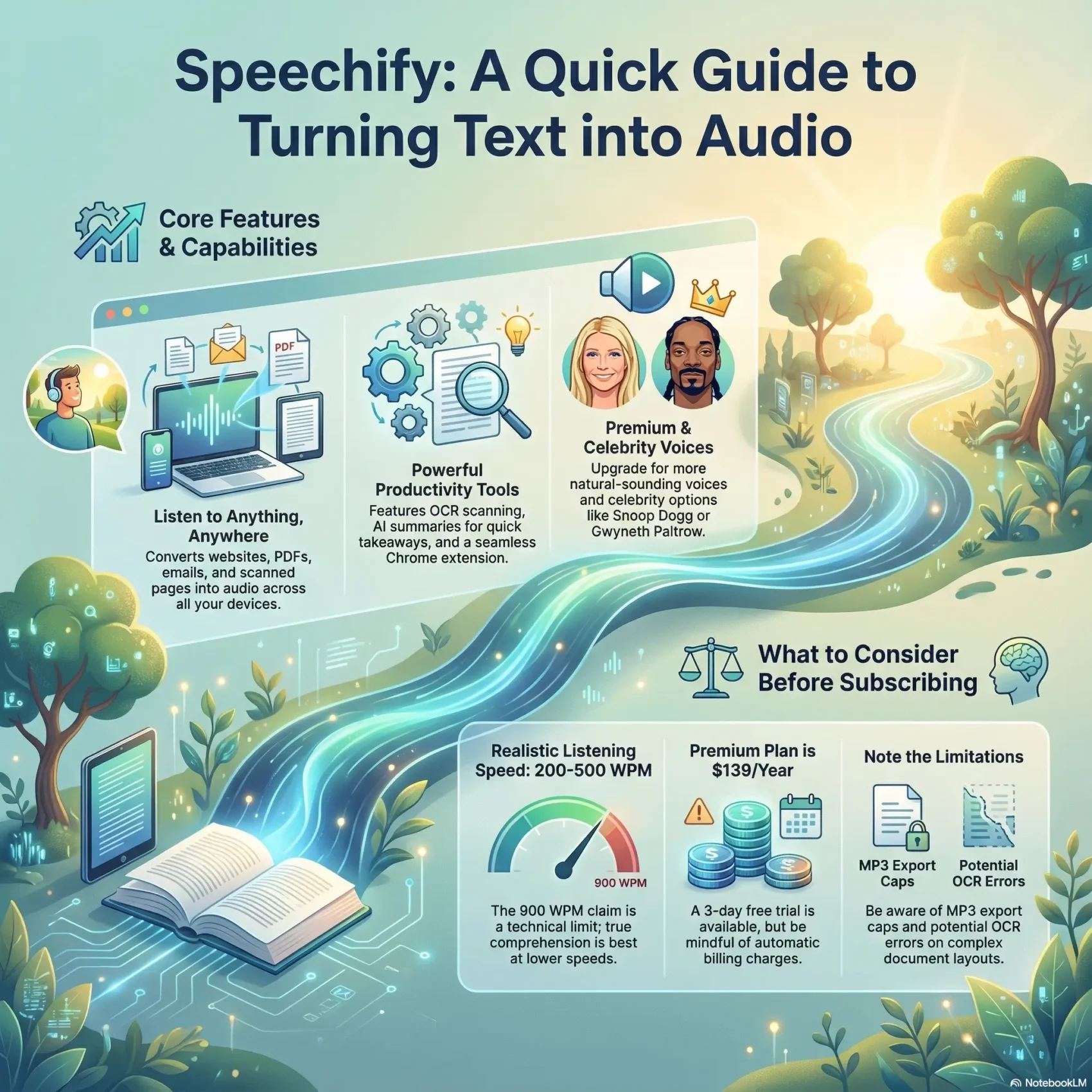 Infographic titled "Speechify: A Quick Guide to Turning Text into Audio" accompanying the SmartKeys Speechify review. The visual outlines core features including cross-platform listening, AI productivity tools with OCR, and premium celebrity voices like Snoop Dogg and Gwyneth Paltrow. It also highlights key subscription considerations: a realistic listening speed of 200-500 WPM, the $139/year premium plan cost, and limitations regarding MP3 export caps and potential OCR errors on complex layouts.