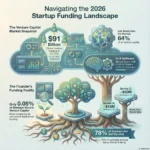 Infographic titled “Navigating the 2026 Startup Funding Landscape” for the SmartKeys.org article “Startup Funding Trends 2026: Navigating New Investment Landscapes.” It visualizes a cloud shaped venture capital snapshot showing $91 billion in global VC funding in Q2 2025, with the U.S. capturing 64 percent of capital and AI and software attracting about 45 percent of investment. At the bottom, growing trees illustrate the founder reality that only 0.05 percent of startups secure venture capital while 78 percent are self funded through savings, loans, friends, and family. Additional callouts show median U.S. round sizes of roughly $18 million for Series A and $50 million for Series C, encouraging founders to know their round size. Futuristic dashboards, rockets, and money roots reinforce key startup funding trends, growth metrics, and the gap between headline VC numbers and everyday founder financing in 2026.