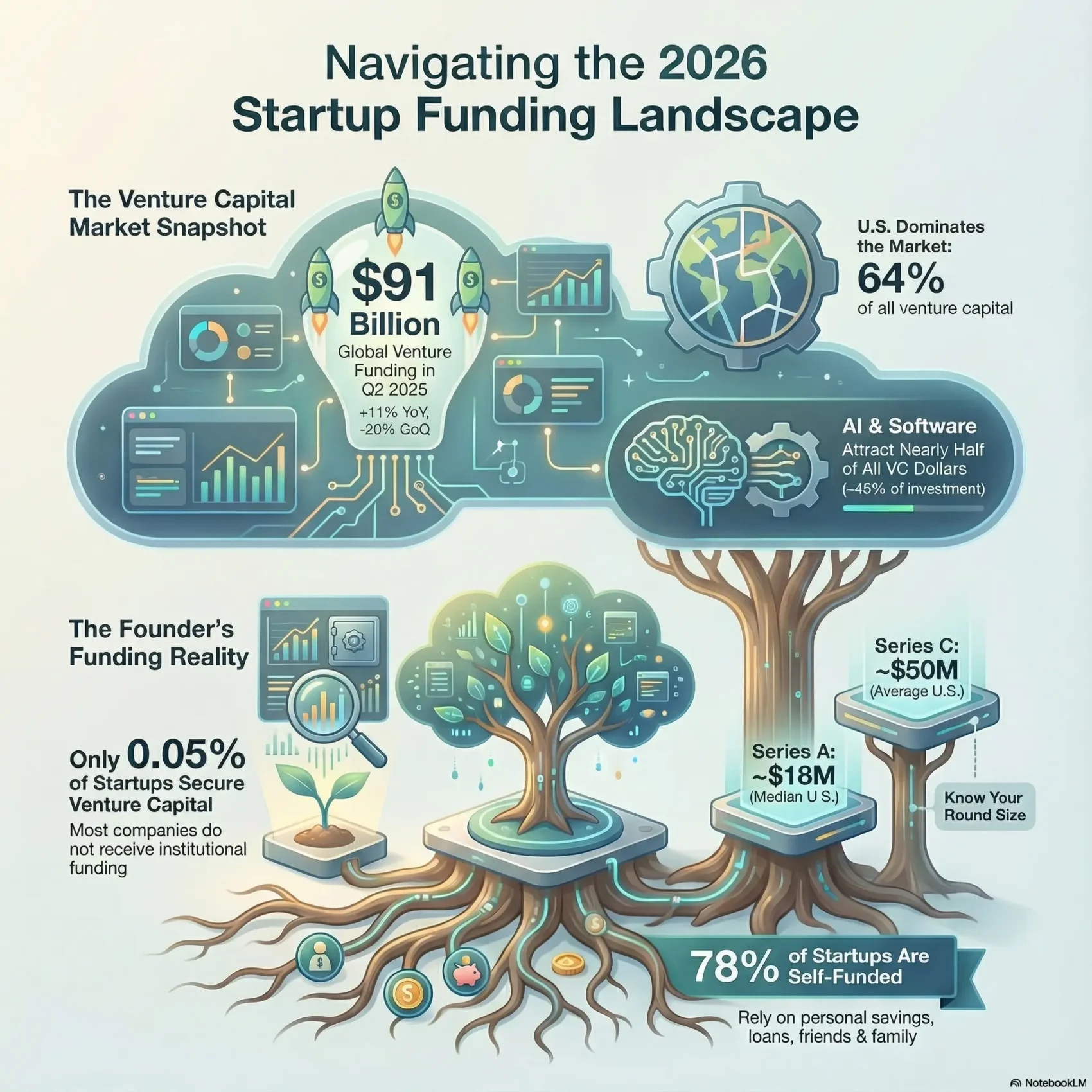 Infographic titled “Navigating the 2026 Startup Funding Landscape” for the SmartKeys.org article “Startup Funding Trends 2026: Navigating New Investment Landscapes.” It visualizes a cloud shaped venture capital snapshot showing $91 billion in global VC funding in Q2 2025, with the U.S. capturing 64 percent of capital and AI and software attracting about 45 percent of investment. At the bottom, growing trees illustrate the founder reality that only 0.05 percent of startups secure venture capital while 78 percent are self funded through savings, loans, friends, and family. Additional callouts show median U.S. round sizes of roughly $18 million for Series A and $50 million for Series C, encouraging founders to know their round size. Futuristic dashboards, rockets, and money roots reinforce key startup funding trends, growth metrics, and the gap between headline VC numbers and everyday founder financing in 2026.