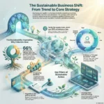 Infographic on sustainable business: circular economy loop, Scope 3 supply chain emissions and CSRD reporting.
