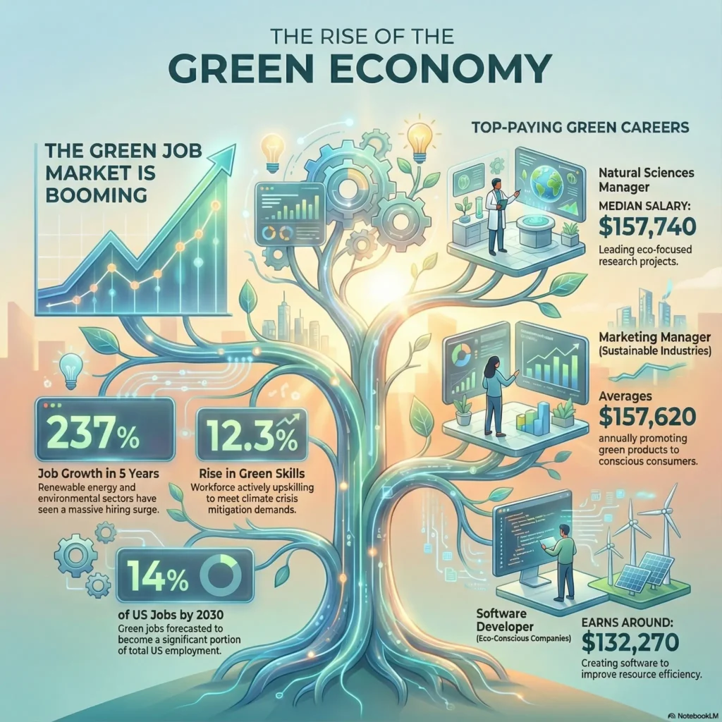 Infographic titled “The Rise of the Green Economy”. In the center, a large tree with glowing circuitry in its trunk represents the growing green job market. On the left, a chart with an upward arrow is labeled “The green job market is booming”. Boxes show key stats: “237% job growth in 5 years” for renewable energy and environmental sectors, “12.3% rise in green skills” as workers upskill for climate needs, and “14% of US jobs by 2030” forecast to be green roles. On the right, three platforms depict top paying green careers. A Natural Sciences Manager works in a lab with the caption “Median salary: $157,740 – leading eco-focused research projects.” A Marketing Manager stands by charts promoting sustainable products with “Averages $157,620 annually”. A Software Developer codes near wind turbines with text “Earns around $132,270 – creating software to improve resource efficiency.” Light bulbs and gears around the tree symbolize innovation, technology, and sustainable growth.