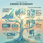 Sustainable Work Practices: The Future of Green Jobs Infographic titled “The Rise of the Green Economy”. In the center, a large tree with glowing circuitry in its trunk represents the growing green job market. On the left, a chart with an upward arrow is labeled “The green job market is booming”. Boxes show key stats: “237% job growth in 5 years” for renewable energy and environmental sectors, “12.3% rise in green skills” as workers upskill for climate needs, and “14% of US jobs by 2030” forecast to be green roles. On the right, three platforms depict top paying green careers. A Natural Sciences Manager works in a lab with the caption “Median salary: $157,740 – leading eco-focused research projects.” A Marketing Manager stands by charts promoting sustainable products with “Averages $157,620 annually”. A Software Developer codes near wind turbines with text “Earns around $132,270 – creating software to improve resource efficiency.” Light bulbs and gears around the tree symbolize innovation, technology, and sustainable growth.