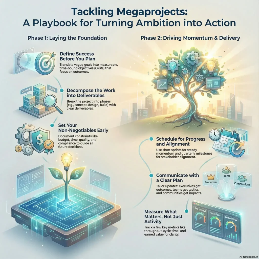 Infographic titled Tackling Megaprojects: A Playbook for Turning Ambition into Action, outlining Phase 1 foundation planning and Phase 2 delivery strategies for project management success.