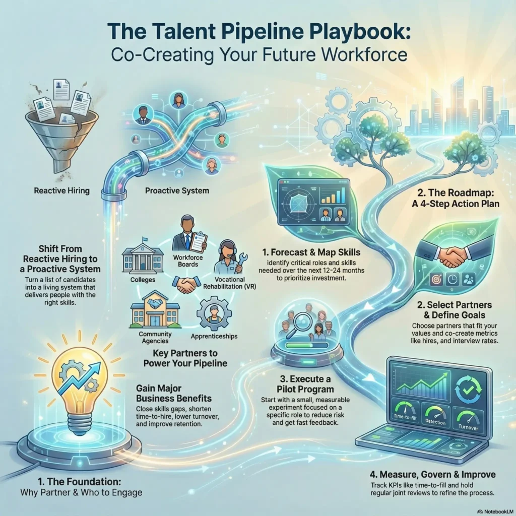Infographic titled “Co Creating Your Future Workforce: A Guide to Talent Pipeline Partnerships”. On the left, a section called “The strategic shift: From reactive to proactive” contrasts a stressed manager chasing candidates with a bridge to proactive co creation. Text lists benefits such as closing critical skill gaps before they emerge, improving hiring speed, quality and retention, and building a more diverse and resilient workforce. In the middle, a “talent pipeline hub” glows at the center of a city, connected by pipes to different partners: colleges and universities, community and disability organizations, early career pipelines through internships and co ops, workforce development boards for upskilling, and registered apprenticeships using earn and learn models. At the bottom, a “3 step roadmap to success” shows three gears: step 1 forecast and select future roles and metrics, step 2 co create and design programs with partners, and step 3 pilot, measure and scale initiatives using retention and impact metrics. The overall theme is moving from short term hiring to shared, long term talent pipelines.