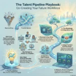 Talent Pipeline Partnerships: How Companies Are Co-Creating Their Future Workforce Infographic titled “Co Creating Your Future Workforce: A Guide to Talent Pipeline Partnerships”. On the left, a section called “The strategic shift: From reactive to proactive” contrasts a stressed manager chasing candidates with a bridge to proactive co creation. Text lists benefits such as closing critical skill gaps before they emerge, improving hiring speed, quality and retention, and building a more diverse and resilient workforce. In the middle, a “talent pipeline hub” glows at the center of a city, connected by pipes to different partners: colleges and universities, community and disability organizations, early career pipelines through internships and co ops, workforce development boards for upskilling, and registered apprenticeships using earn and learn models. At the bottom, a “3 step roadmap to success” shows three gears: step 1 forecast and select future roles and metrics, step 2 co create and design programs with partners, and step 3 pilot, measure and scale initiatives using retention and impact metrics. The overall theme is moving from short term hiring to shared, long term talent pipelines.