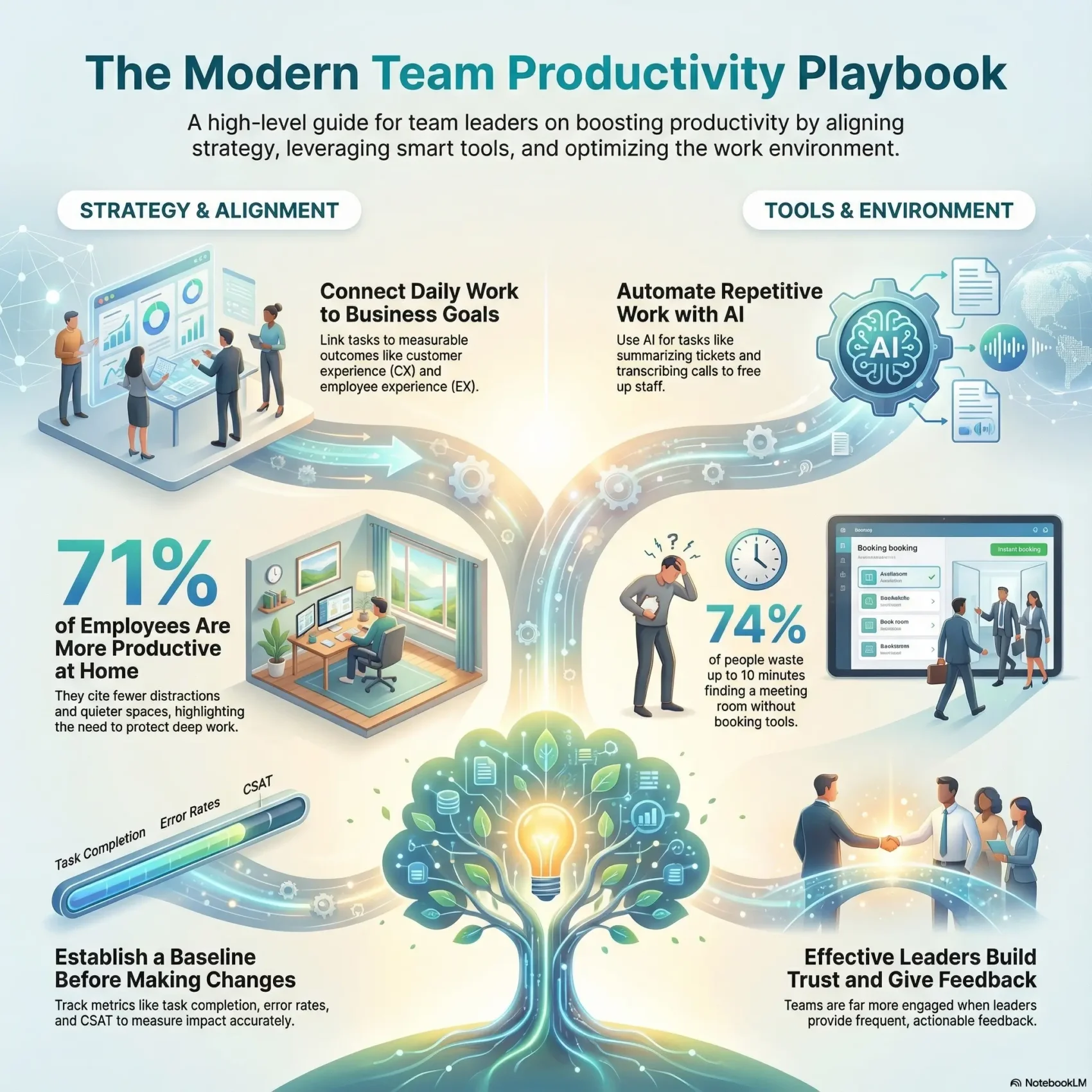 Infographic titled “The Modern Team Productivity Playbook”. The top explains it as a guide for team leaders to boost productivity by aligning strategy, using smart tools, and optimizing the work environment. The left side under “Strategy & Alignment” shows managers at a dashboard connecting daily work to business goals, a home office scene with text that 71% of employees are more productive at home, and a metric bar for task completion, error rates, and CSAT to “establish a baseline before making changes”. The right side under “Tools & Environment” shows an AI gear for automating repetitive work like summarizing tickets, a stressed worker and office corridor with text that 74% of people waste time finding a meeting room without booking tools, and a leader shaking hands with a team to illustrate that effective leaders build trust and give frequent, actionable feedback. A central tree with a glowing lightbulb symbolizes team ideas growing from aligned strategy and tools.