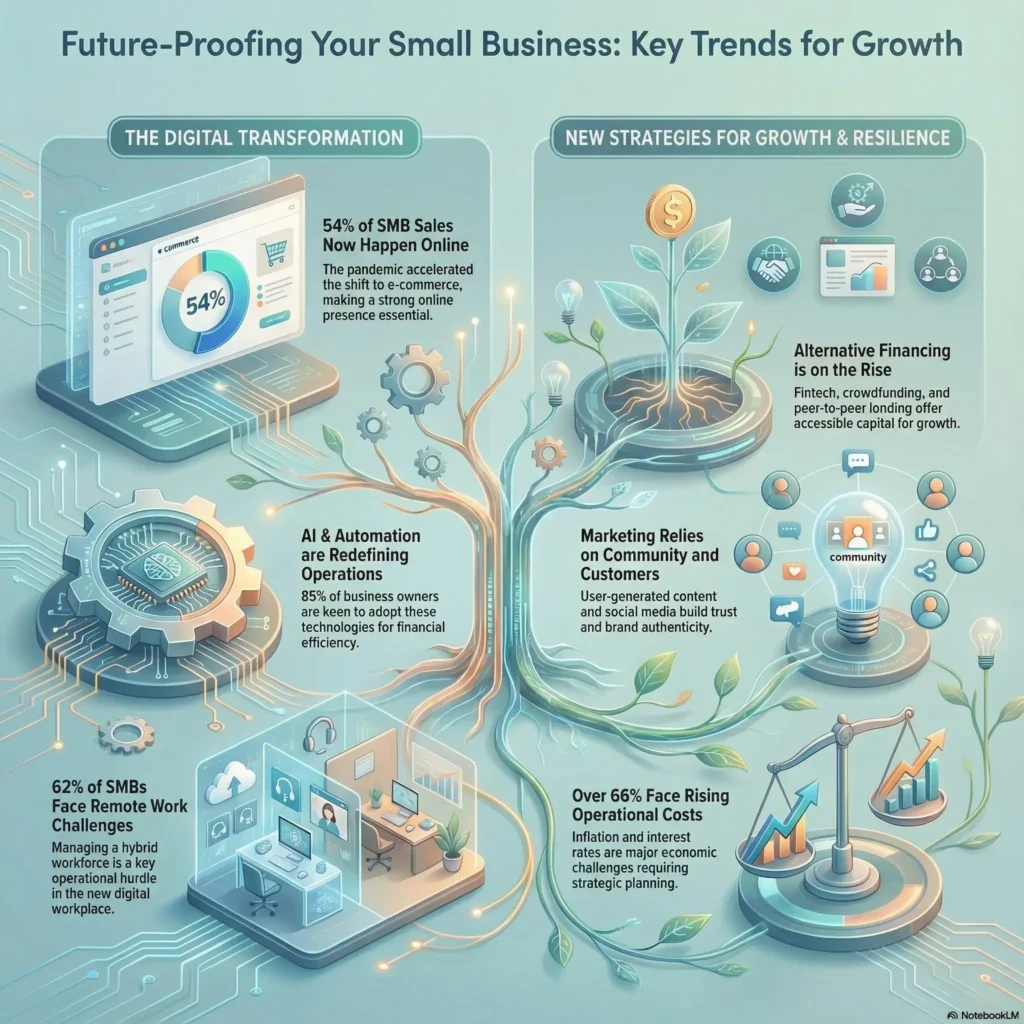 Infographic titled Future-Proofing Your Small Business: Key Trends for Growth. It outlines the digital transformation where 54% of sales happen online and 85% of owners adopt AI, alongside strategies for resilience like alternative financing and community-based marketing to combat rising operational costs.